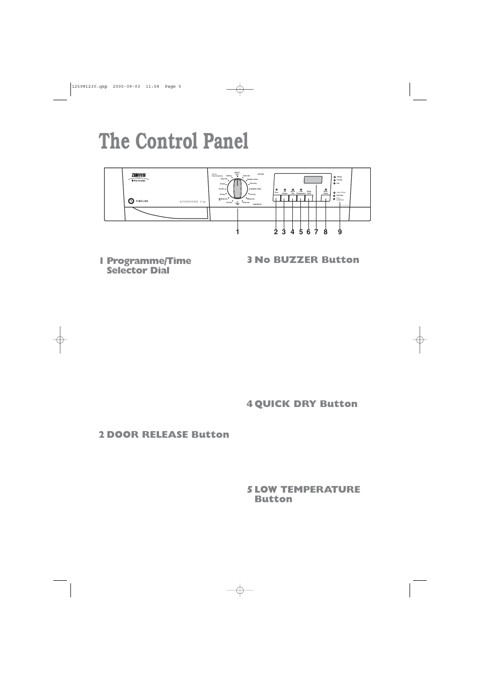 The control panel, 1 programme/time selector dial, 2 door release button | 3 no buzzer button, 4 quick dry button, 5 low temperature button | Zanussi ZDC 5370 W User Manual | Page 5 / 19