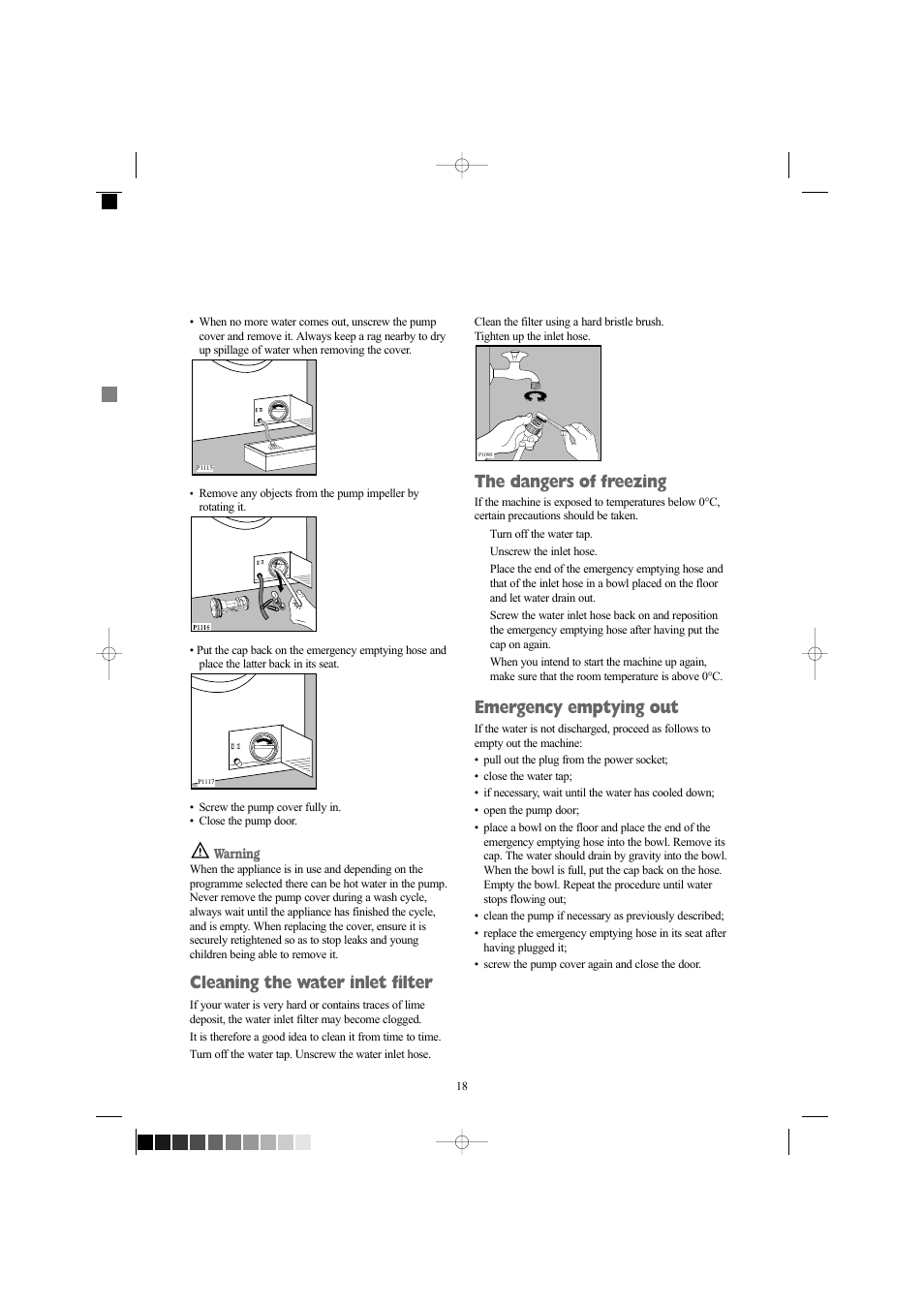 Cleaning the water inlet filter, The dangers of freezing, Emergency emptying out | Zanussi ZWF 1434W User Manual | Page 18 / 27