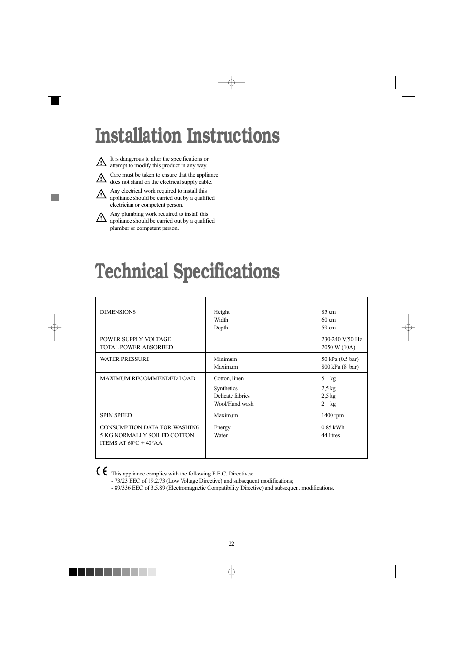 Installation instructions technical specifications | Zanussi ZWF 1434W User Manual | Page 22 / 27