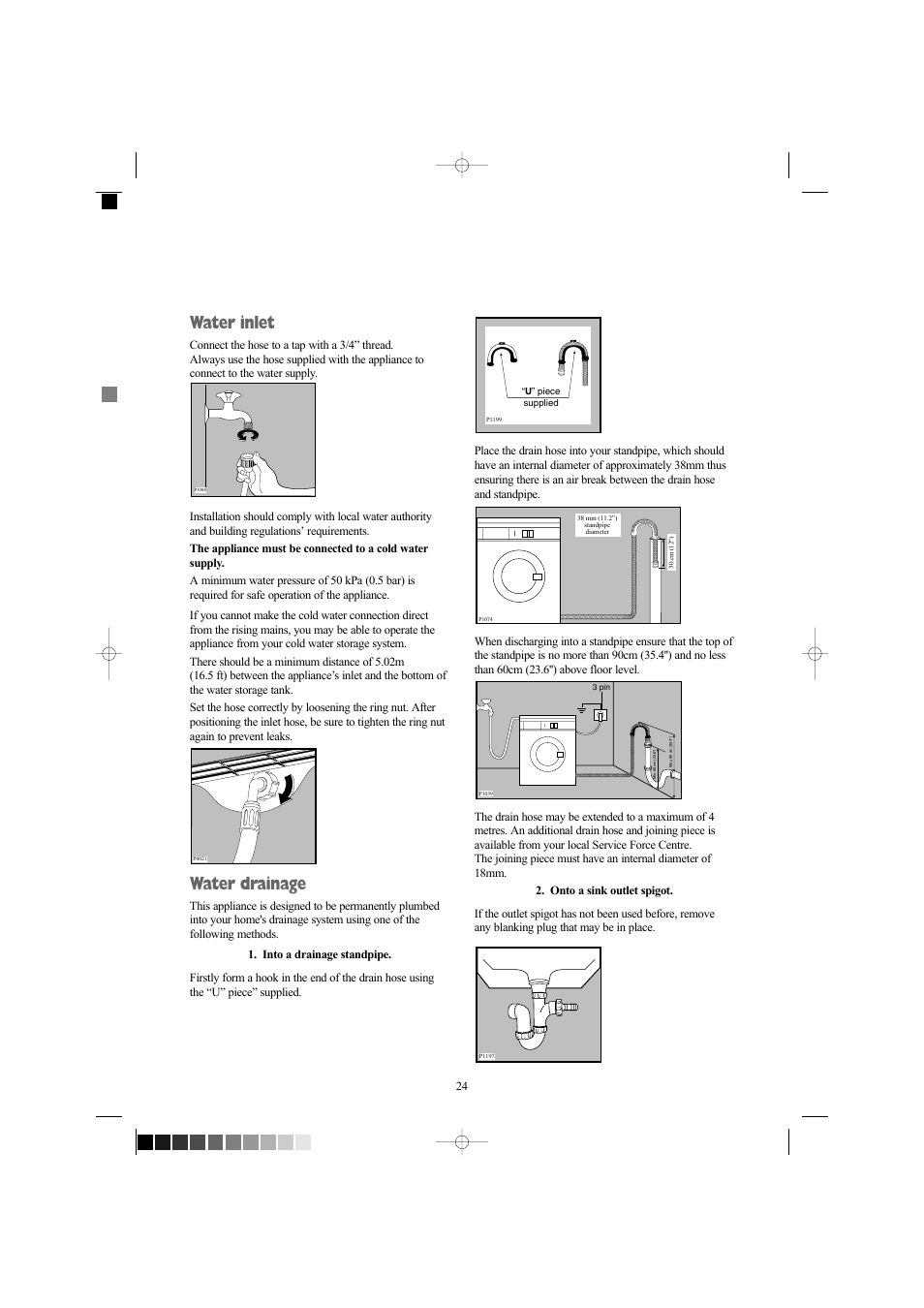 Water inlet, Water drainage | Zanussi ZWF 1434W User Manual | Page 24 / 27