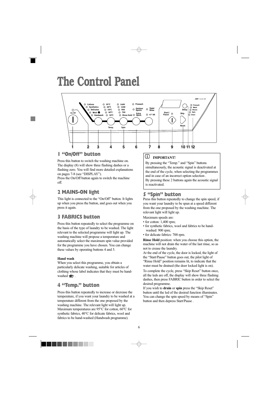 The control panel, 1 “on/off” button, 2 mains-on light | 3 fabrics button, 4 “temp.” button, 5 “spin” button | Zanussi ZWF 1434W User Manual | Page 6 / 27