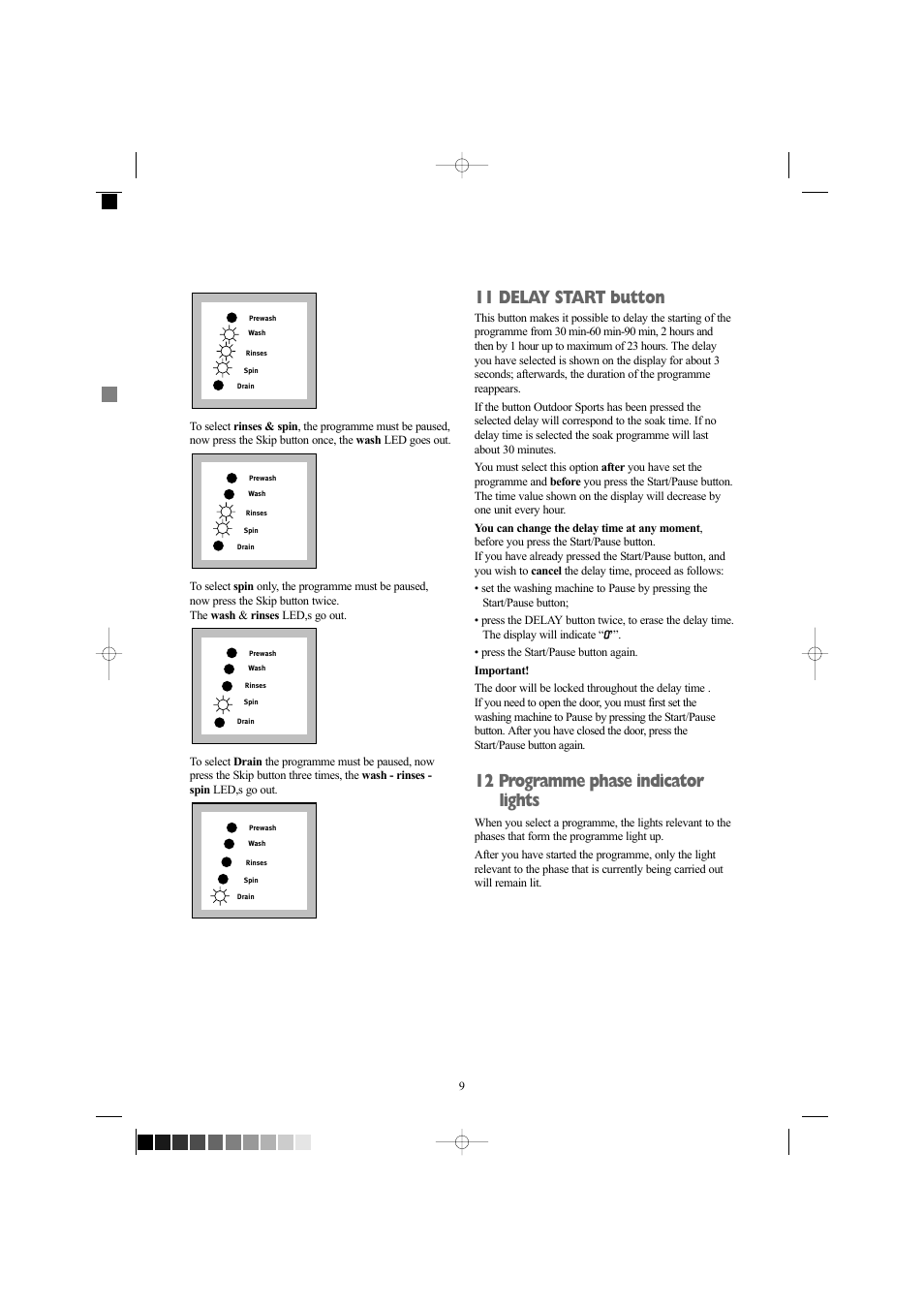 11 delay start button, 12 programme phase indicator lights | Zanussi ZWF 1434W User Manual | Page 9 / 27