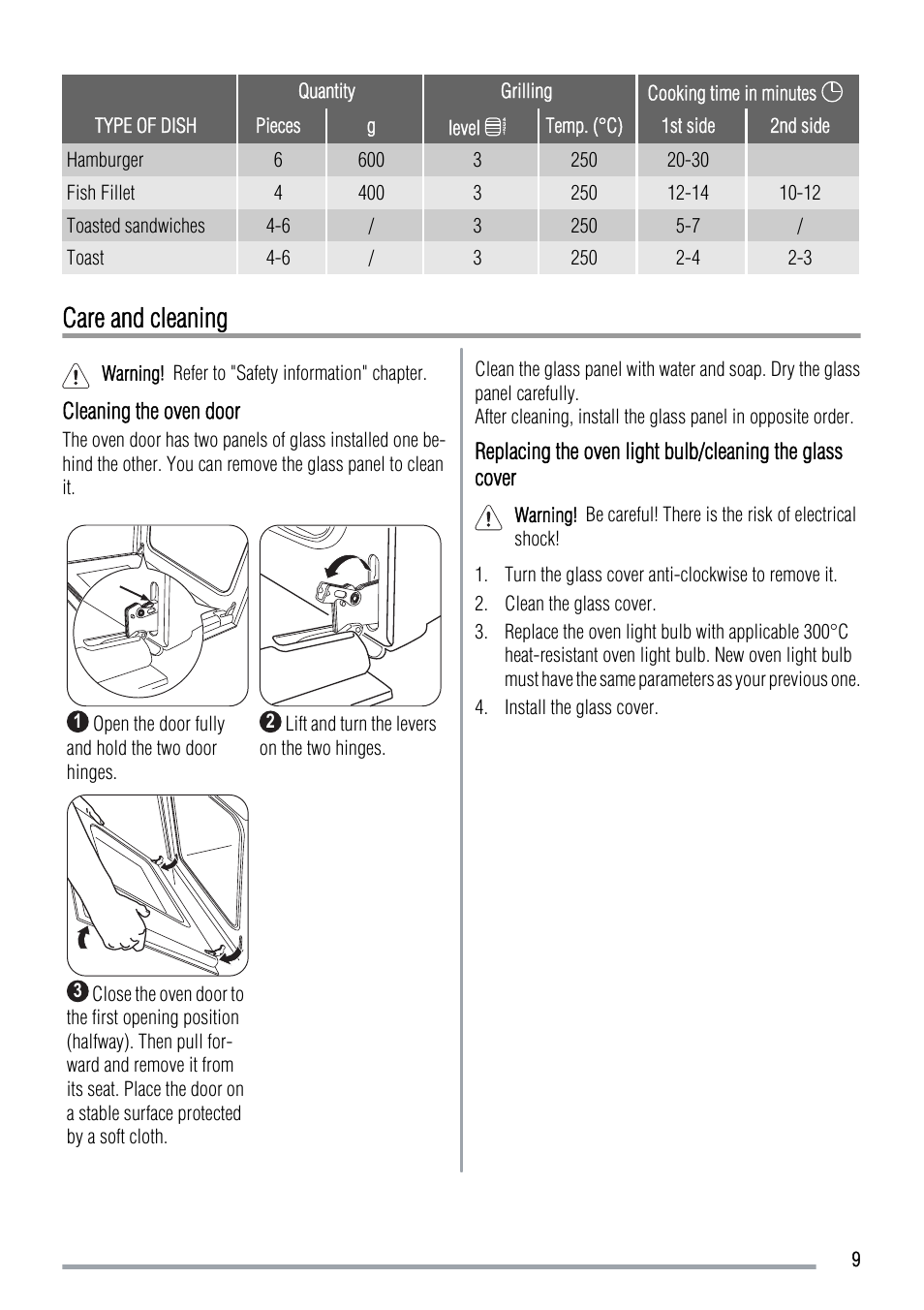 Care and cleaning | Zanussi ZOB 230 User Manual | Page 9 / 12