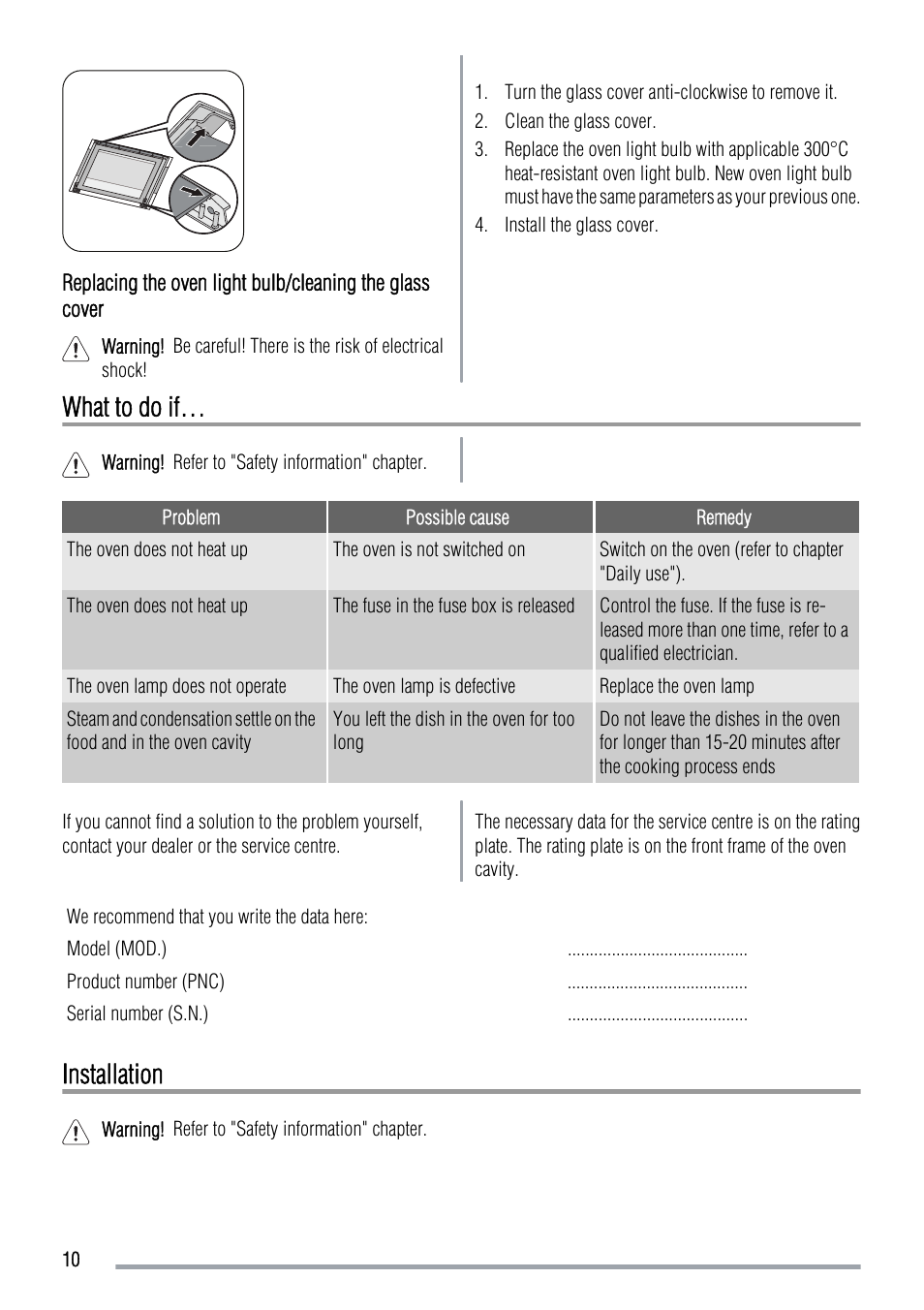 What to do if, Installation | Zanussi ZOB142 User Manual | Page 10 / 12