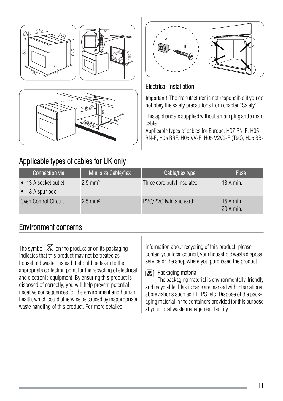 Applicable types of cables for uk only, Environment concerns, Electrical installation | Zanussi ZOB142 User Manual | Page 11 / 12