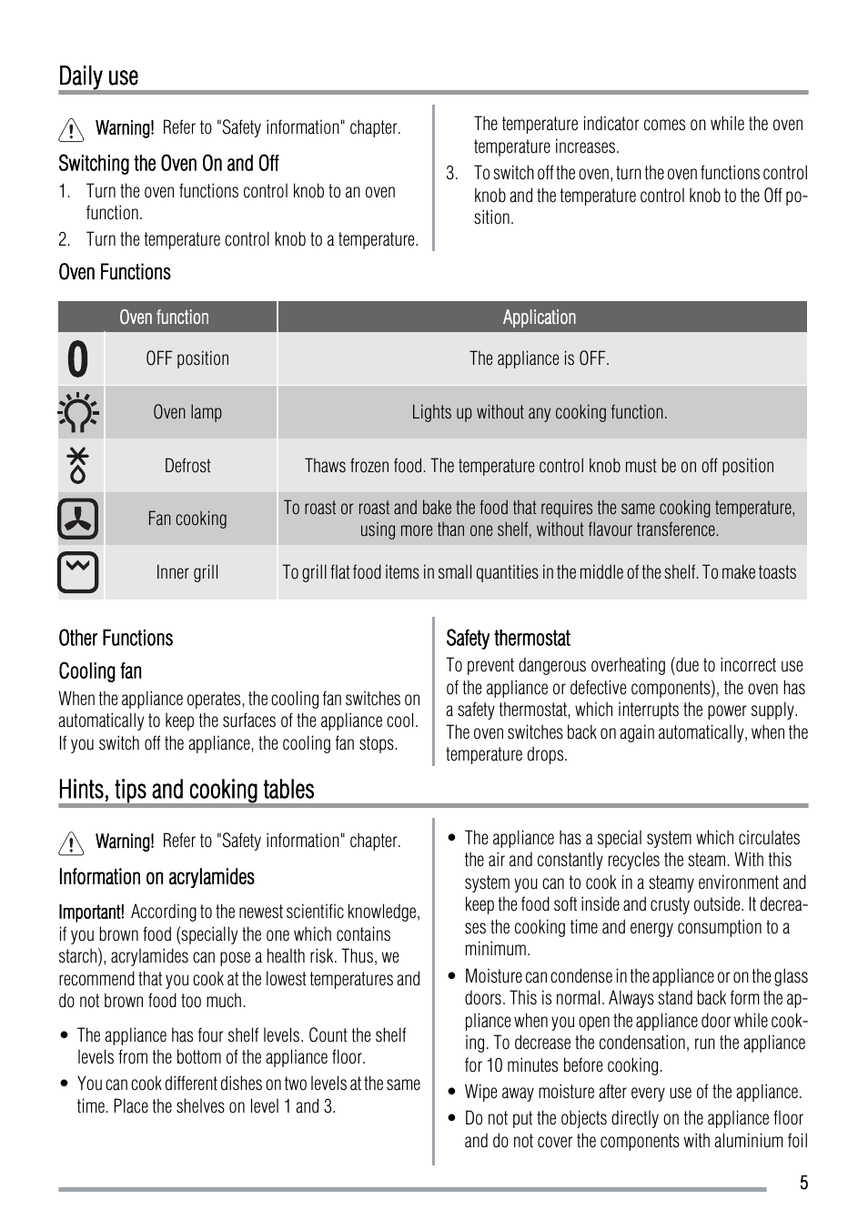 Daily use, Hints, tips and cooking tables | Zanussi ZOB142 User Manual | Page 5 / 12