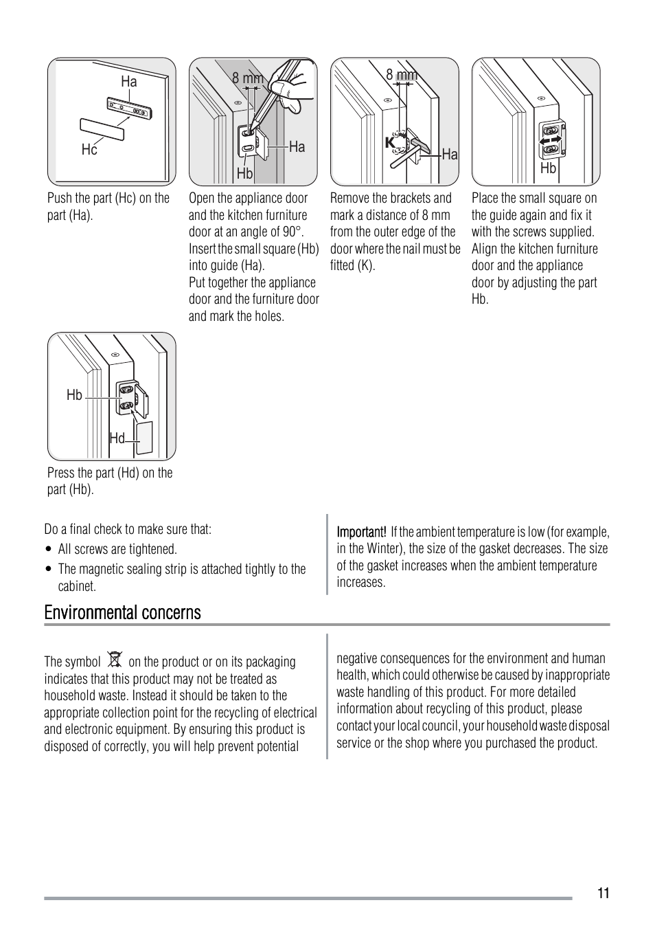 Environmental concerns | Zanussi ZBF3124A User Manual | Page 11 / 12