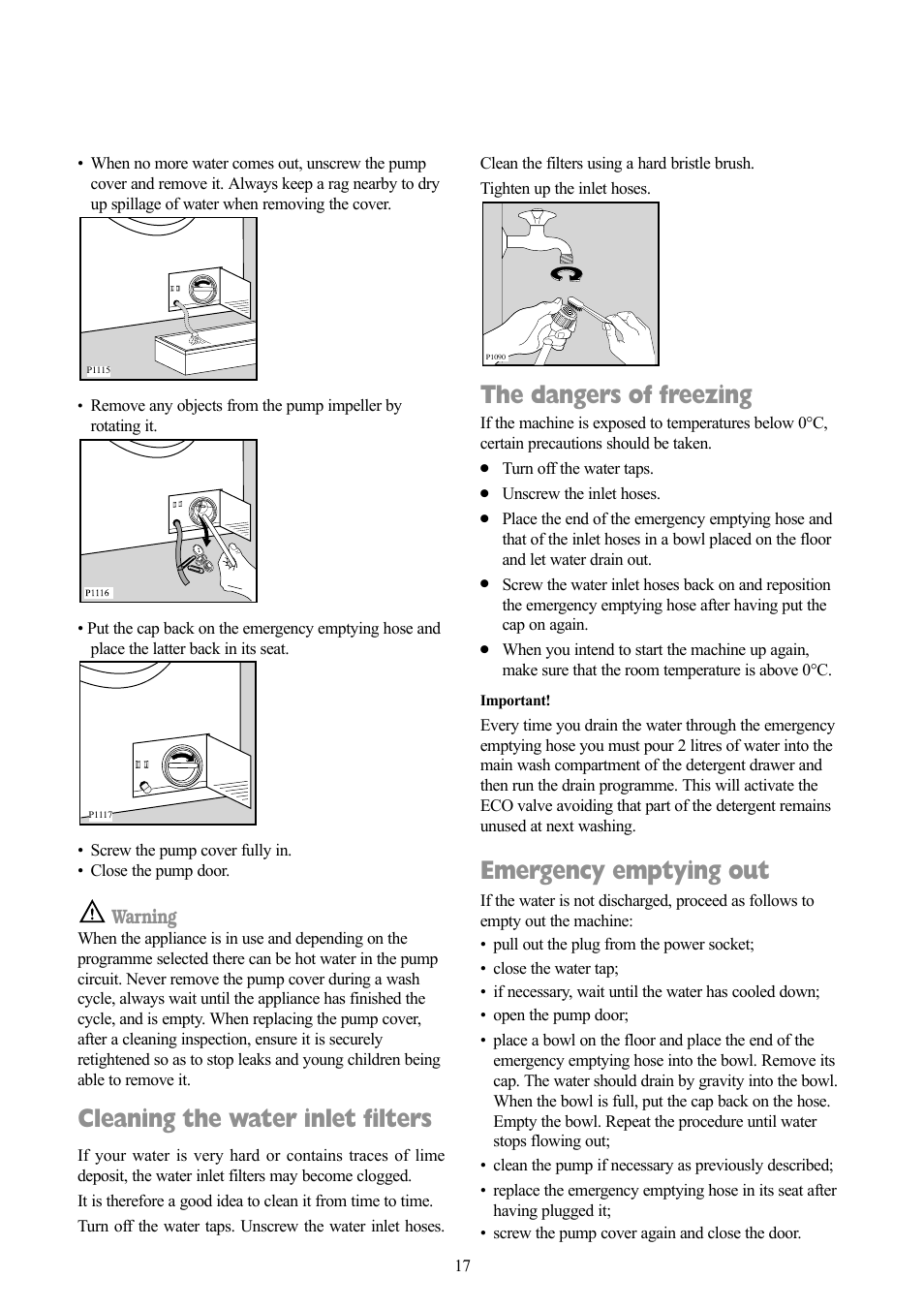 Cleaning the water inlet filters, The dangers of freezing, Emergency emptying out | Warning | Zanussi F1003 W User Manual | Page 17 / 28