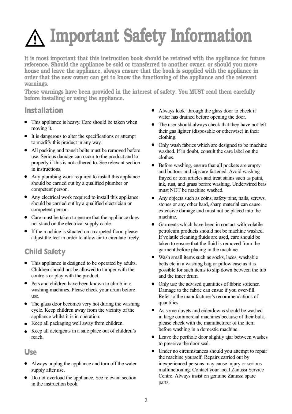 Important safety information, Installation, Child safety | Zanussi F1003 W User Manual | Page 2 / 28