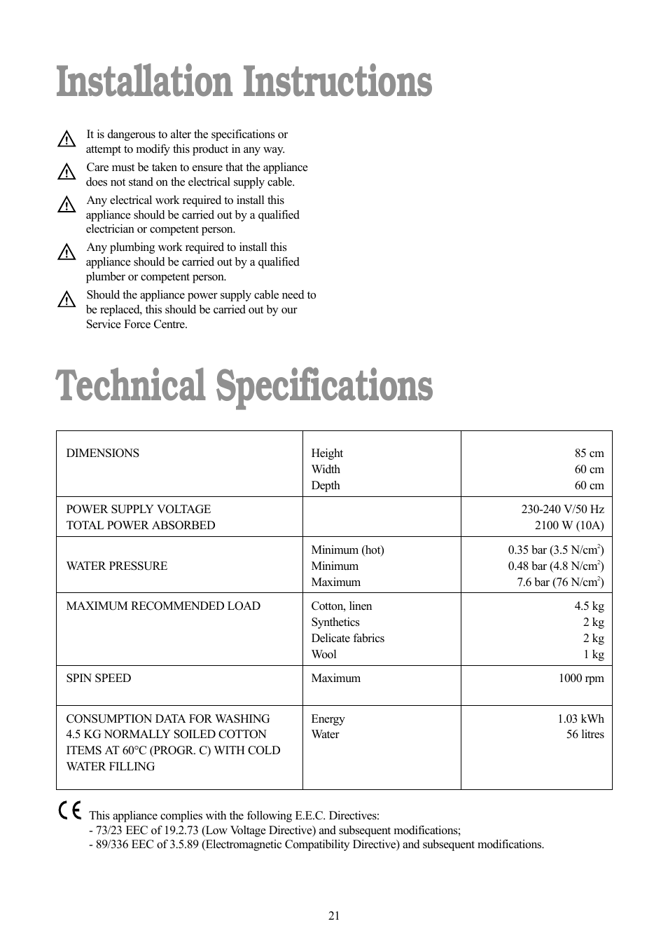 Installation instructions technical specifications | Zanussi F1003 W User Manual | Page 21 / 28