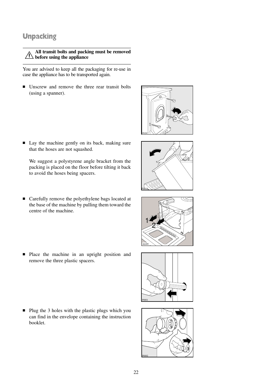 Unpacking | Zanussi F1003 W User Manual | Page 22 / 28