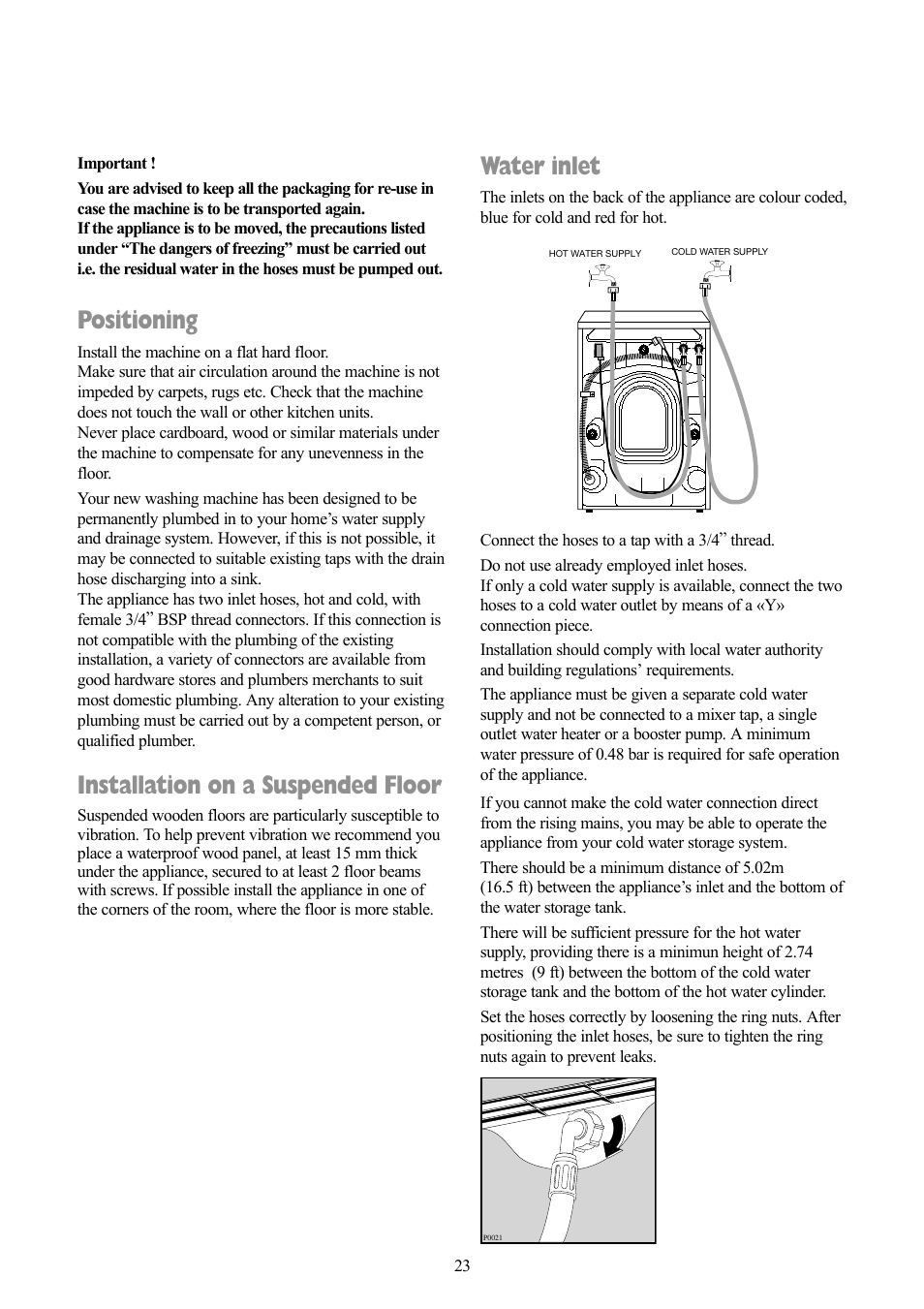 Water inlet, Positioning, Installation on a suspended floor | Zanussi F1003 W User Manual | Page 23 / 28