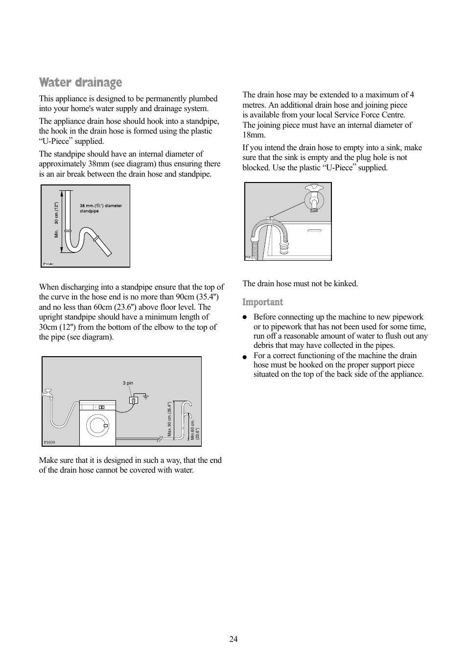 Water drainage, Important | Zanussi F1003 W User Manual | Page 24 / 28