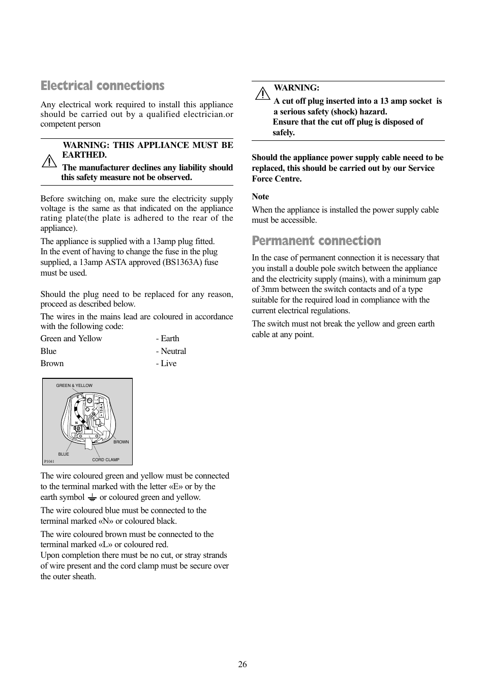 Permanent connection, Electrical connections | Zanussi F1003 W User Manual | Page 26 / 28