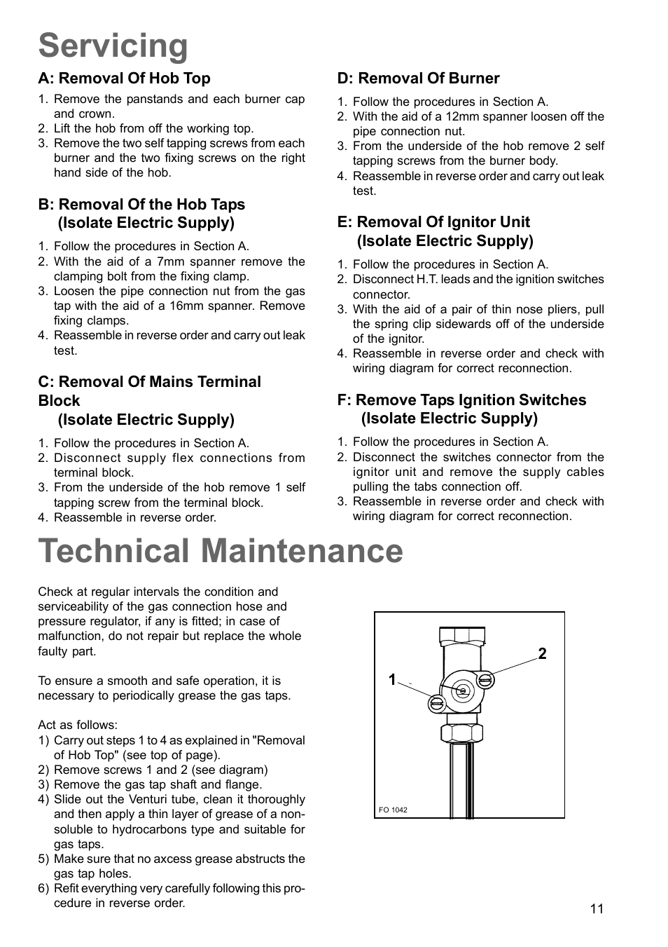 Servicing, Technical maintenance | Zanussi ZGG649 User Manual | Page 11 / 11