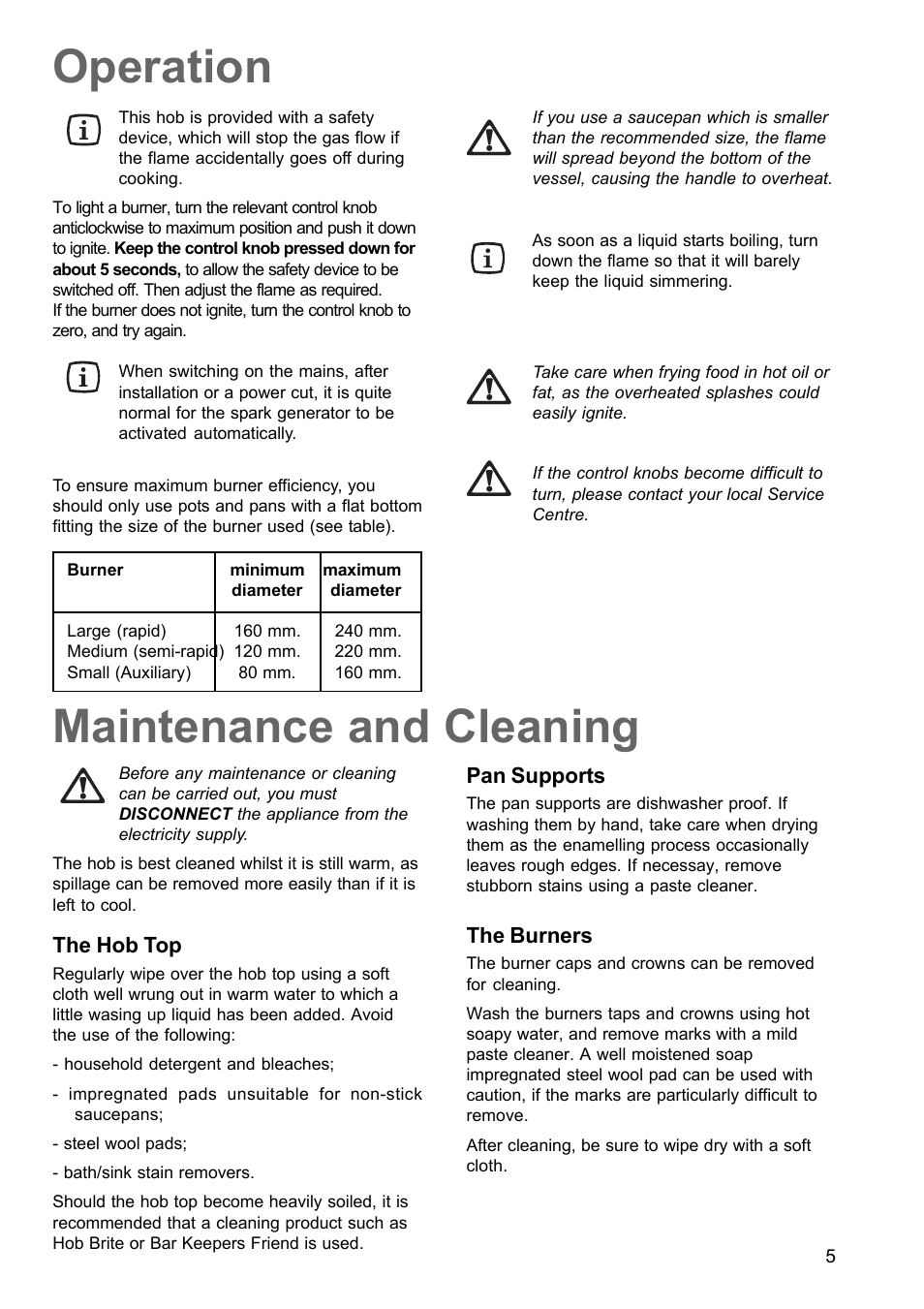 Operation, Maintenance and cleaning | Zanussi ZGG649 User Manual | Page 5 / 11