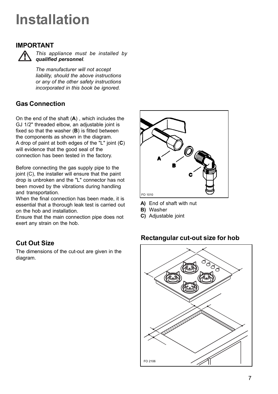 Installation | Zanussi ZGG649 User Manual | Page 7 / 11