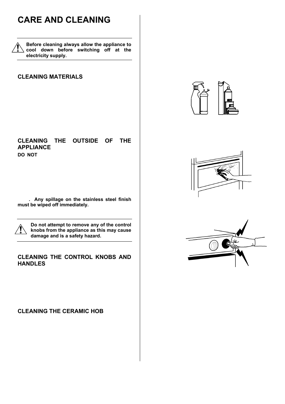 Care and cleaning, Cleaning materials, Cleaning the outside of the appliance | Cleaning the control knobs and handles, Cleaning the ceramic hob | Zanussi ZCE 7551 User Manual | Page 21 / 32