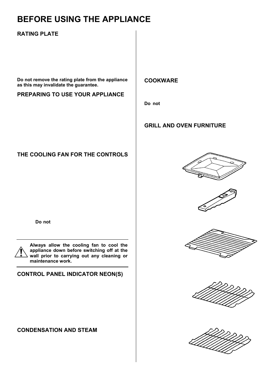Before using the appliance, Rating plate, Preparing to use your appliance | The cooling fan for the controls, Control panel indicator neon(s), Condensation and steam, Cookware, Grill and oven furniture | Zanussi ZCE 7551 User Manual | Page 6 / 32