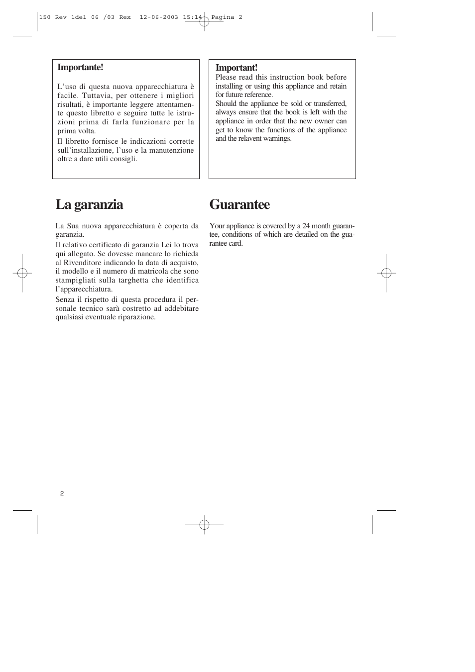 La garanzia, Guarantee | Zanussi ZBM 799 User Manual | Page 2 / 24