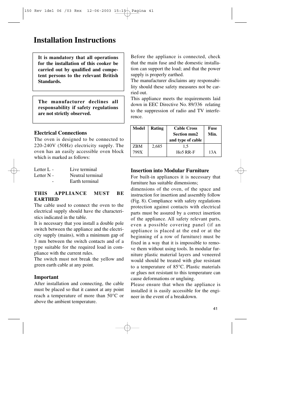 Installation instructions | Zanussi ZBM 799 User Manual | Page 21 / 24