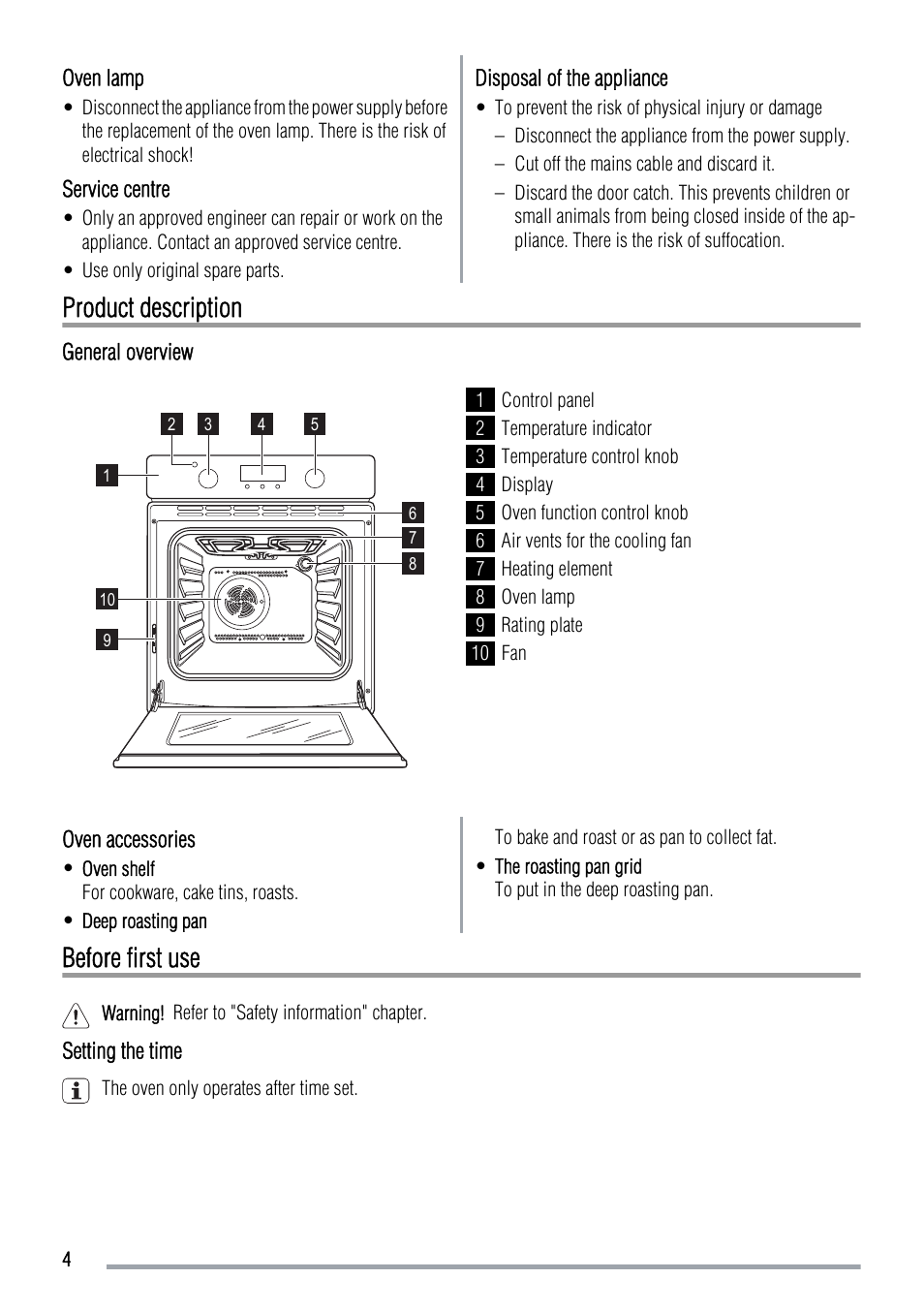 Product description, Before first use | Zanussi ZOB 383 User Manual | Page 4 / 16