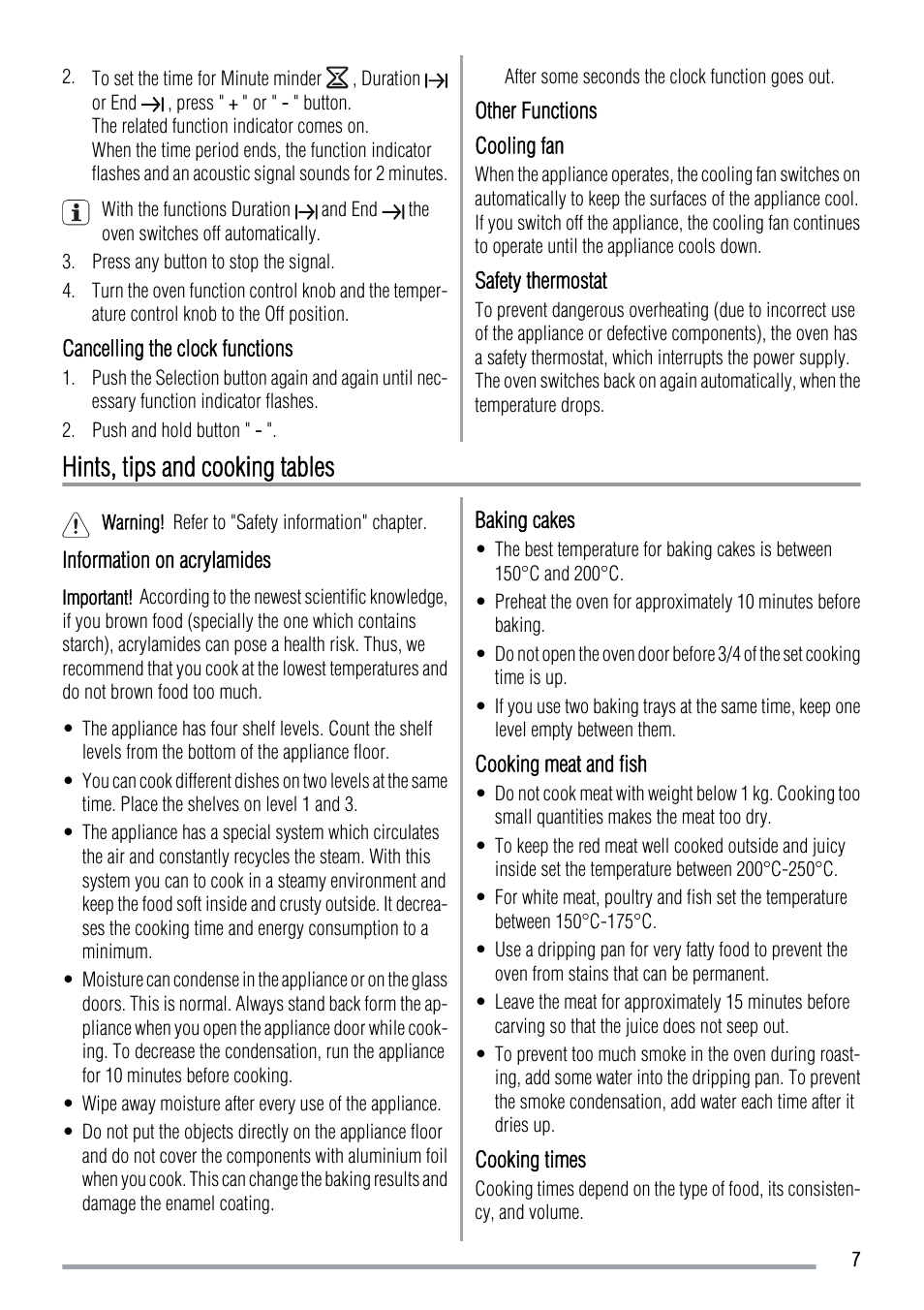 Hints, tips and cooking tables | Zanussi ZOB 383 User Manual | Page 7 / 16