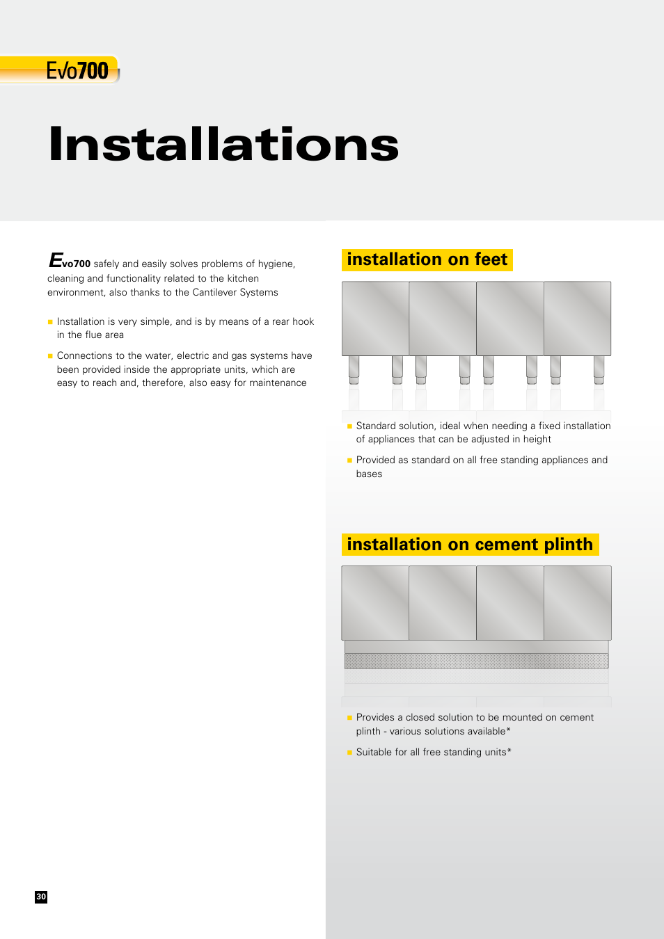 Installations, Installation on feet installation on cement plinth | Zanussi EVOLUTION EVO700 User Manual | Page 30 / 32