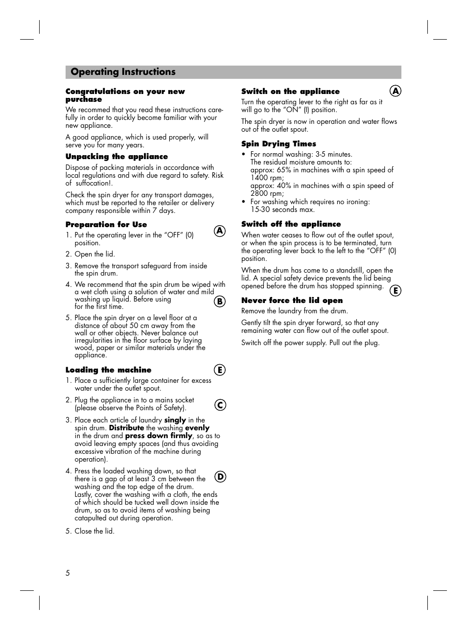 Operating instructions | Zanussi SD 2811 W User Manual | Page 5 / 8