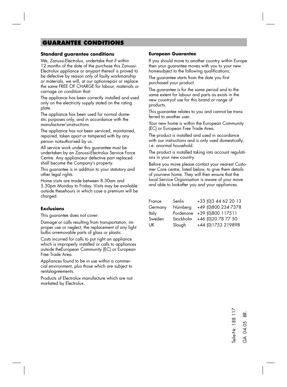 Guarantee conditions | Zanussi SD 2811 W User Manual | Page 8 / 8