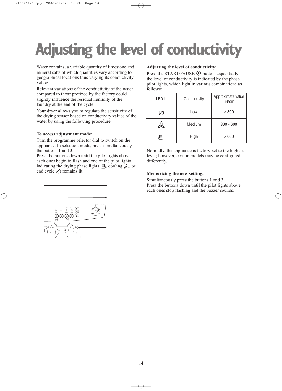 Adjusting the level of conductivity | Zanussi TCE7227W User Manual | Page 14 / 17