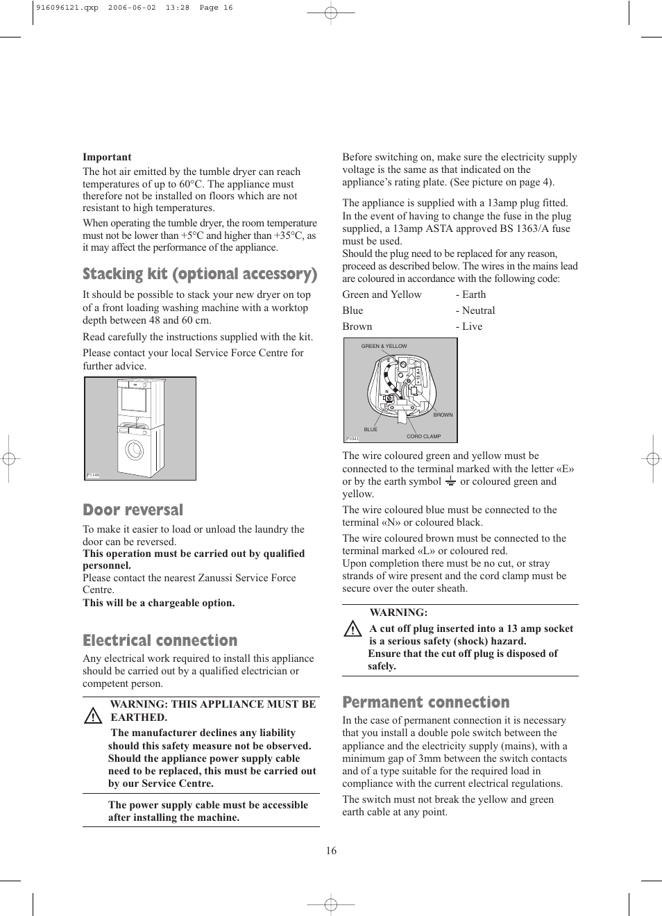 Permanent connection, Stacking kit (optional accessory), Door reversal | Electrical connection | Zanussi TCE7227W User Manual | Page 16 / 17