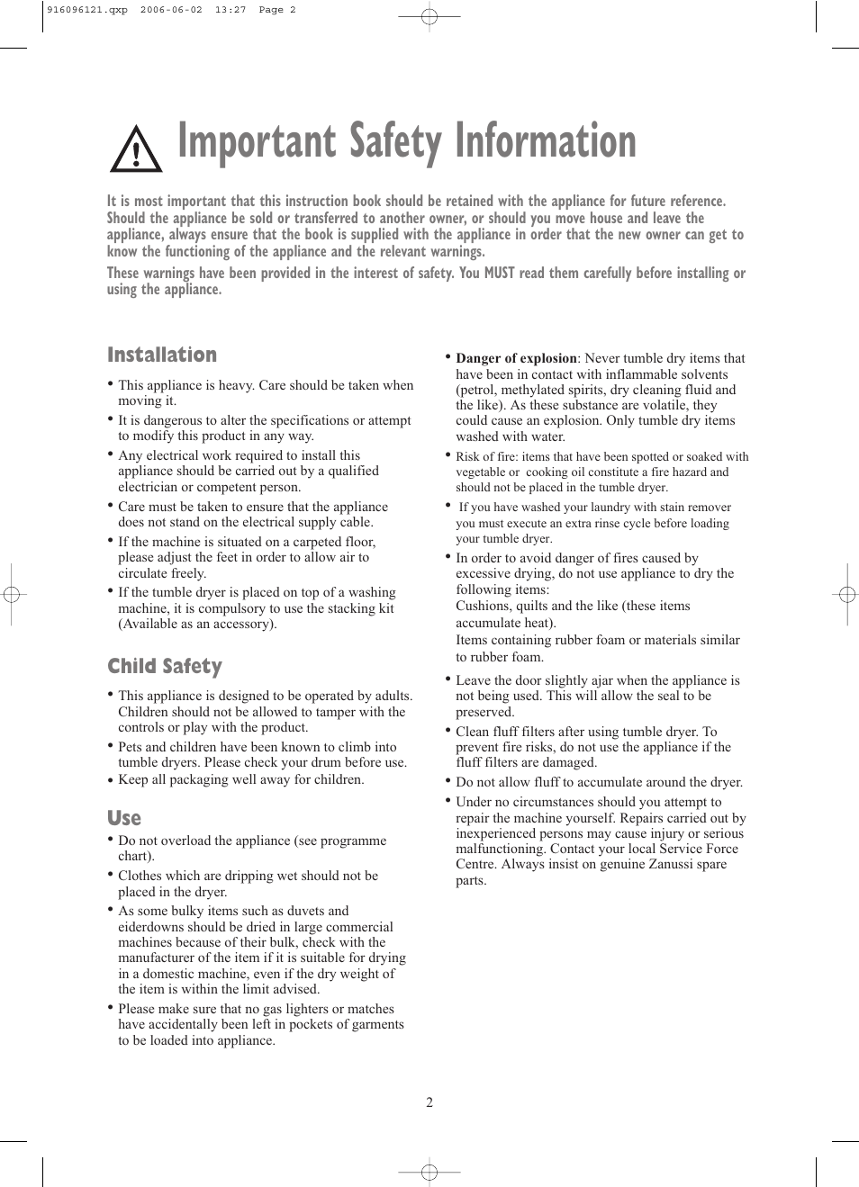 Important safety information, Installation, Child safety | Zanussi TCE7227W User Manual | Page 2 / 17
