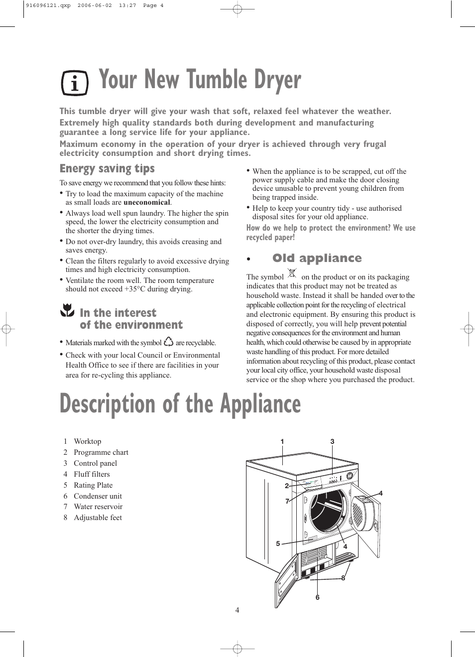 Description of the appliance, Your new tumble dryer, Old appliance | Energy saving tips | Zanussi TCE7227W User Manual | Page 4 / 17