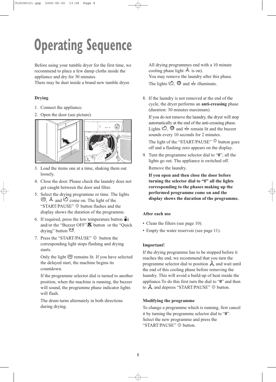 Operating sequence | Zanussi TCE7227W User Manual | Page 8 / 17