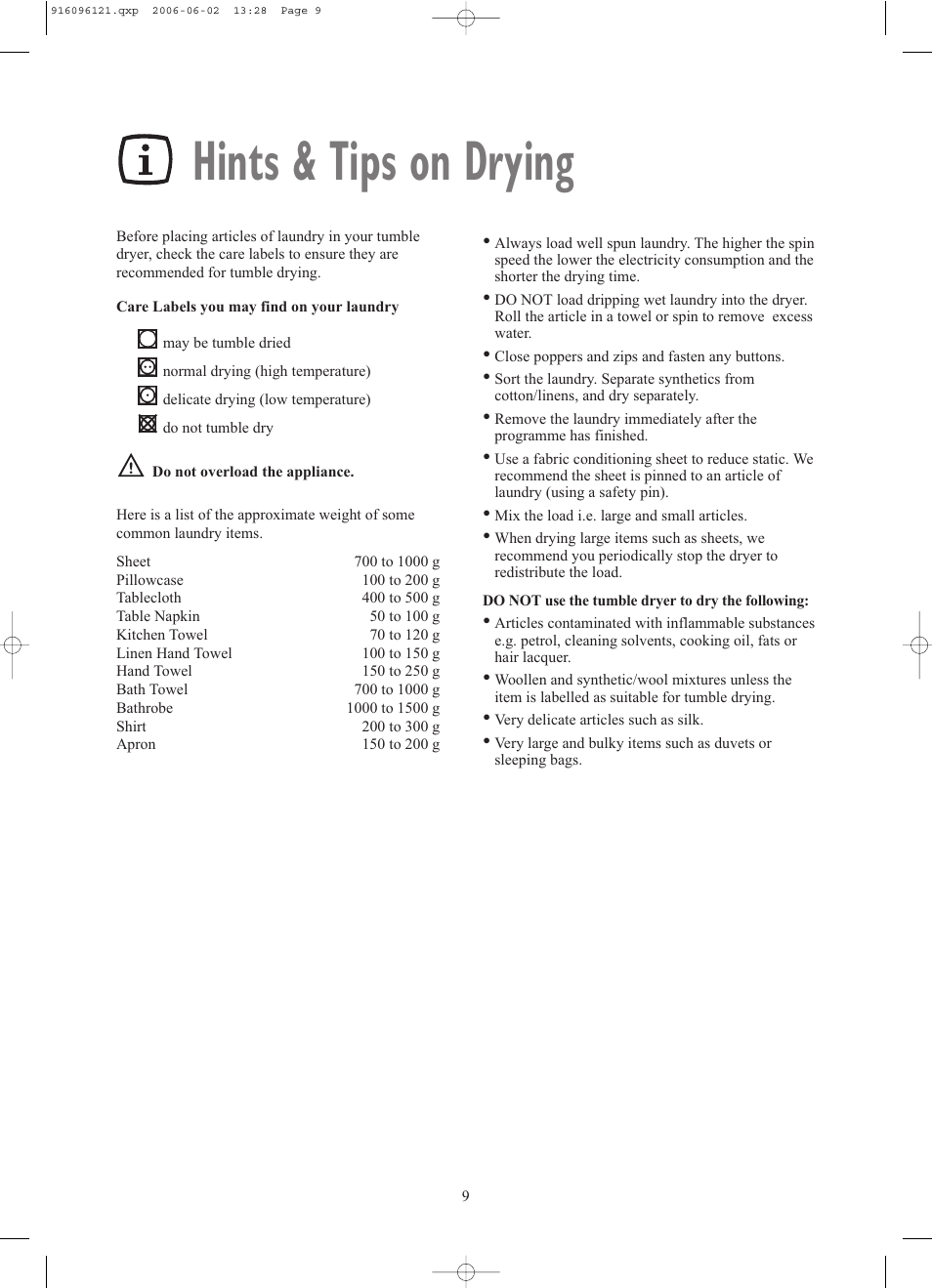 Hints & tips on drying | Zanussi TCE7227W User Manual | Page 9 / 17