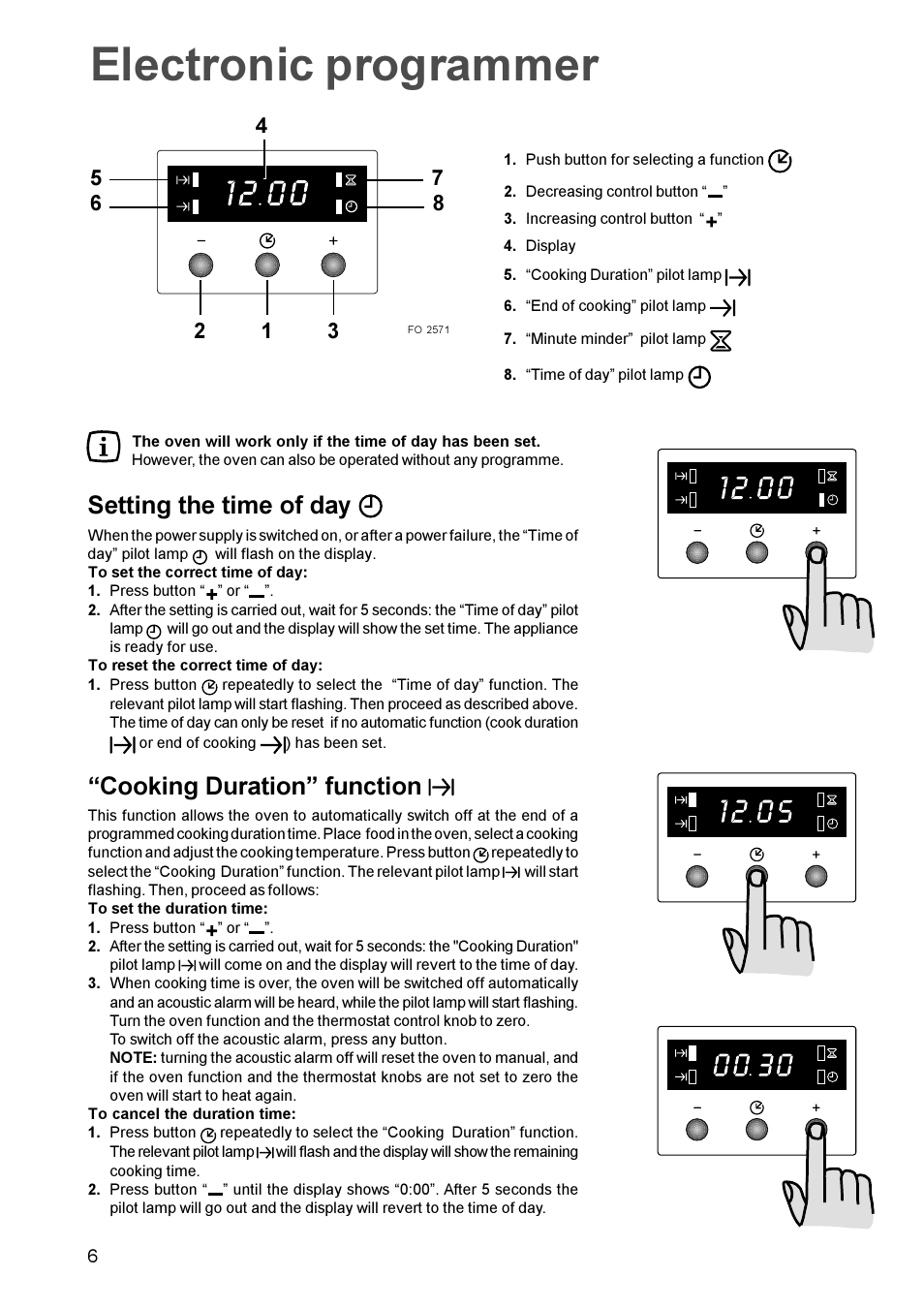 Electronic programmer, Setting the time of day, Cooking duration function | Zanussi ZBF 669 User Manual | Page 6 / 24