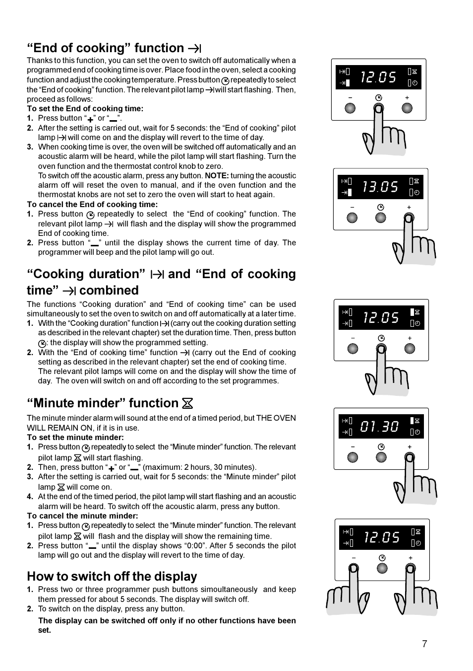 End of cooking function, Cooking duration, And end of cooking time combined | Minute minder function, How to switch off the display | Zanussi ZBF 669 User Manual | Page 7 / 24
