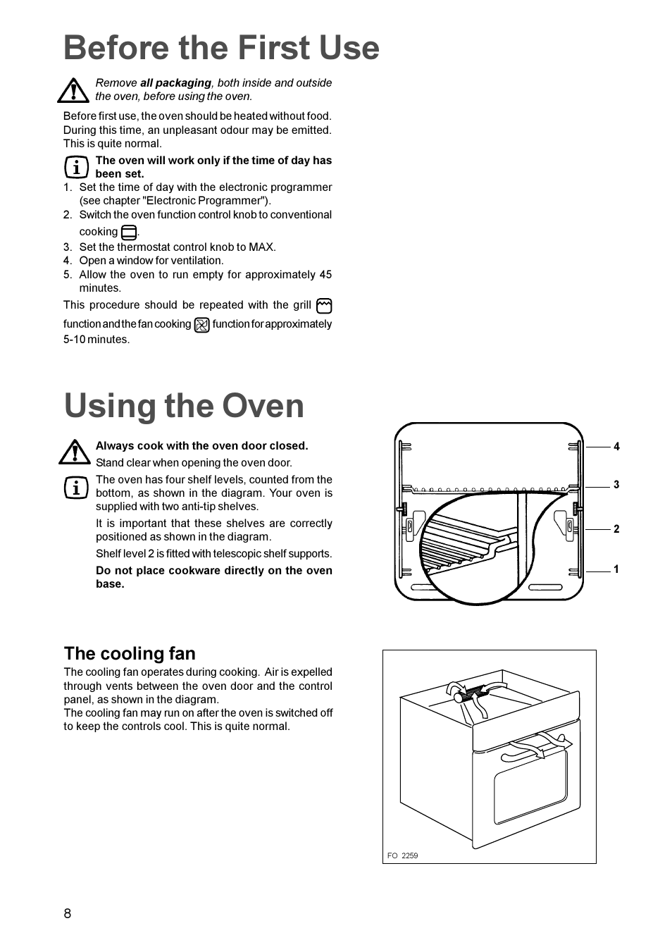Using the oven, Before the first use, The cooling fan | Zanussi ZBF 669 User Manual | Page 8 / 24