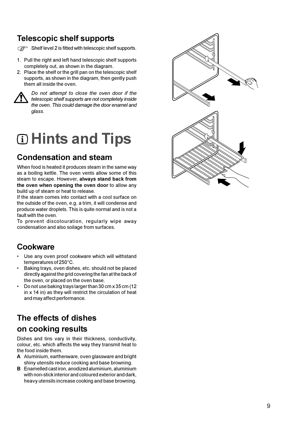 Hints and tips, Condensation and steam, Cookware | The effects of dishes on cooking results, Telescopic shelf supports | Zanussi ZBF 669 User Manual | Page 9 / 24