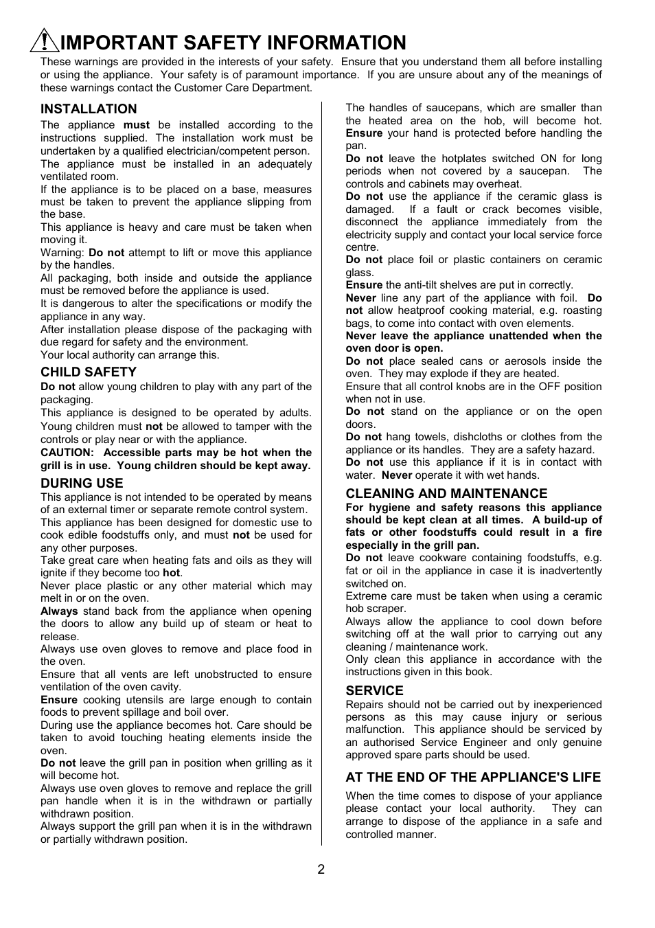 Important safety information | Zanussi ZCE 7550 User Manual | Page 2 / 32