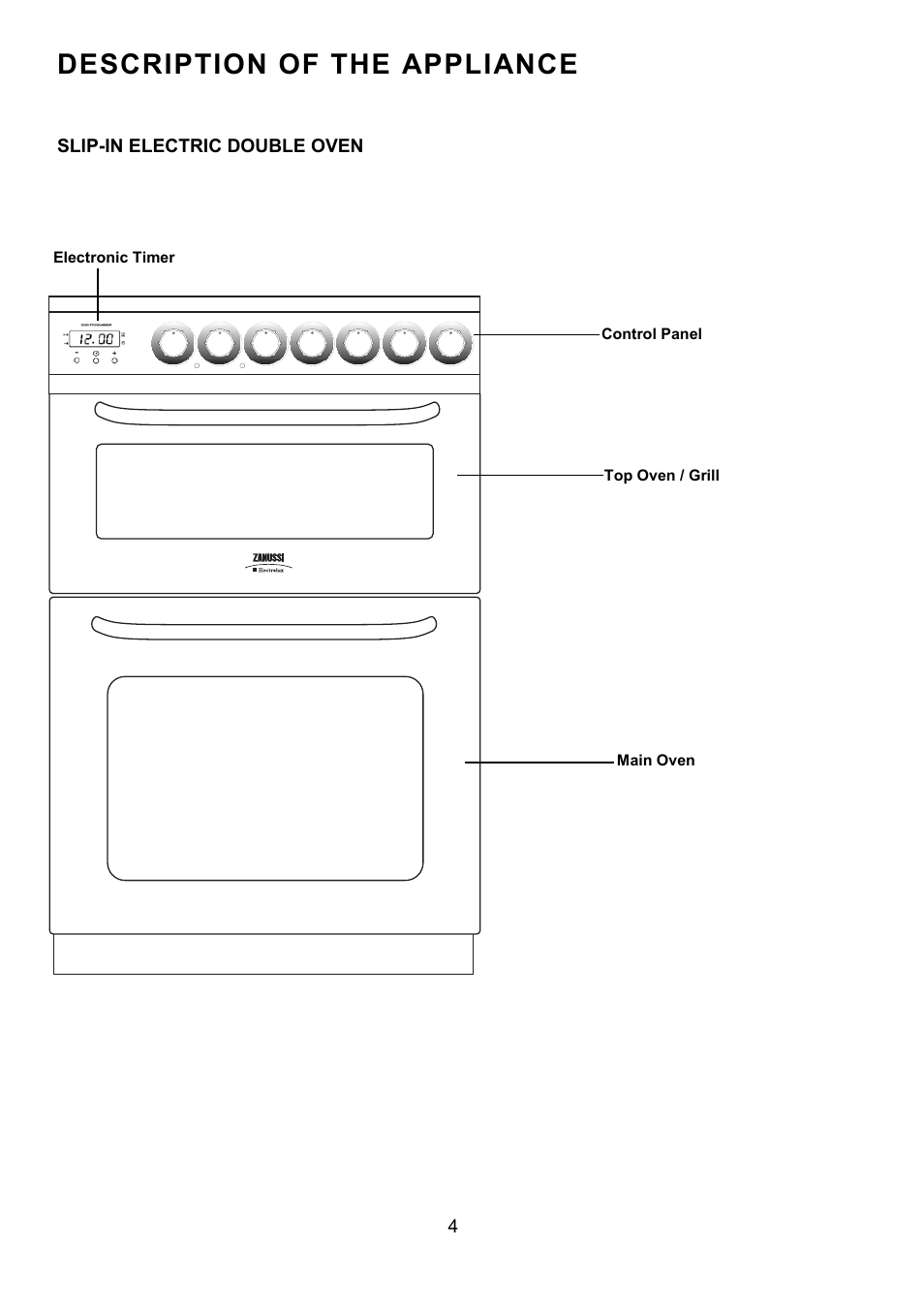 Description of the appliance, Slip-in electric double oven | Zanussi ZCE 7550 User Manual | Page 4 / 32