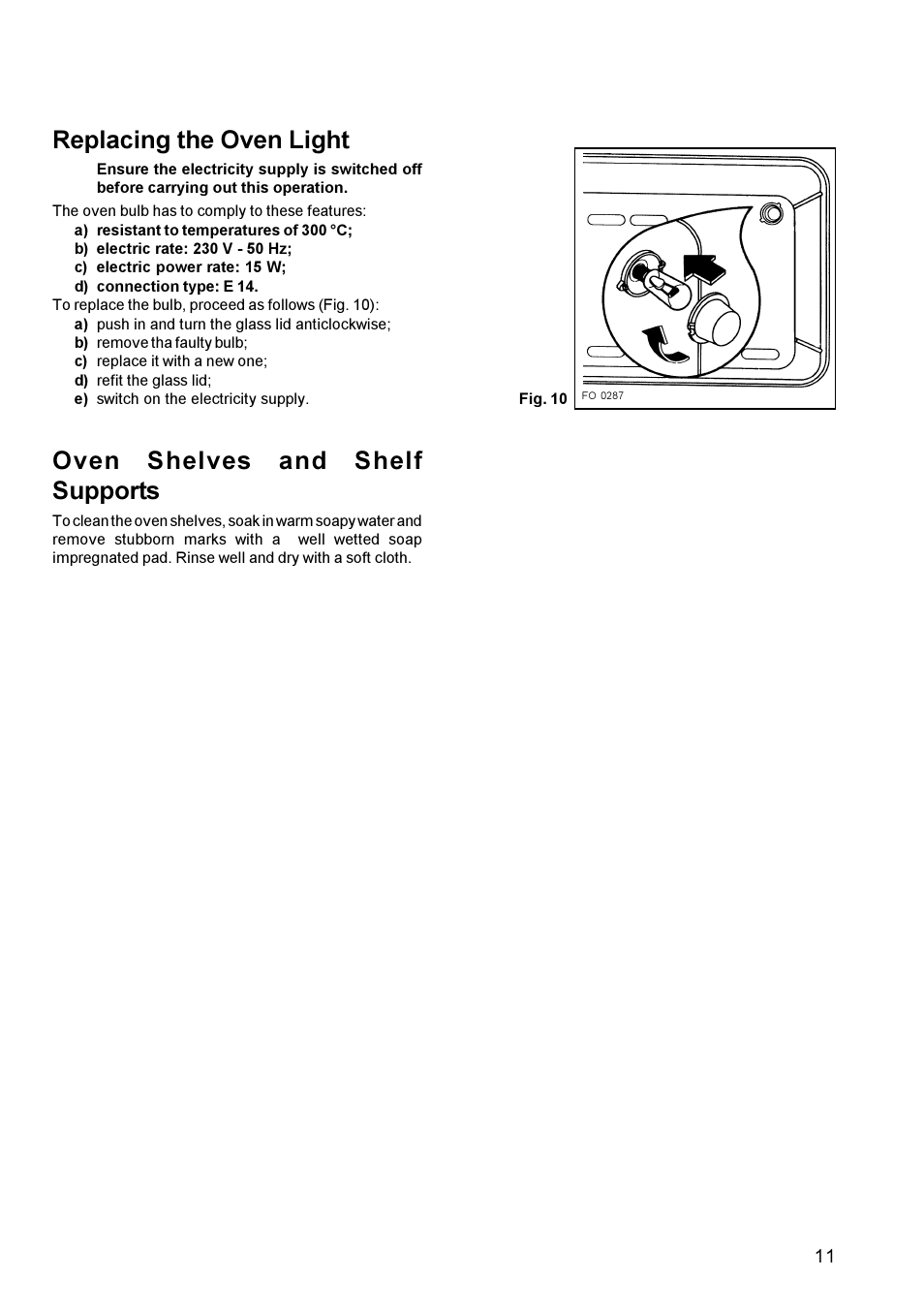 Replacing the oven light, Oven shelves and shelf supports | Zanussi Oven User Manual | Page 10 / 13