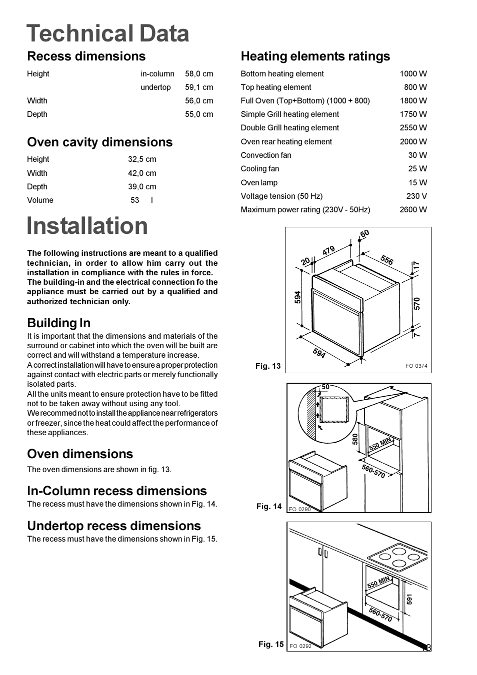 Technical data, Installation, Recess dimensions | Oven cavity dimensions, Building in, Oven dimensions, In-column recess dimensions, Undertop recess dimensions, Heating elements ratings | Zanussi Oven User Manual | Page 12 / 13