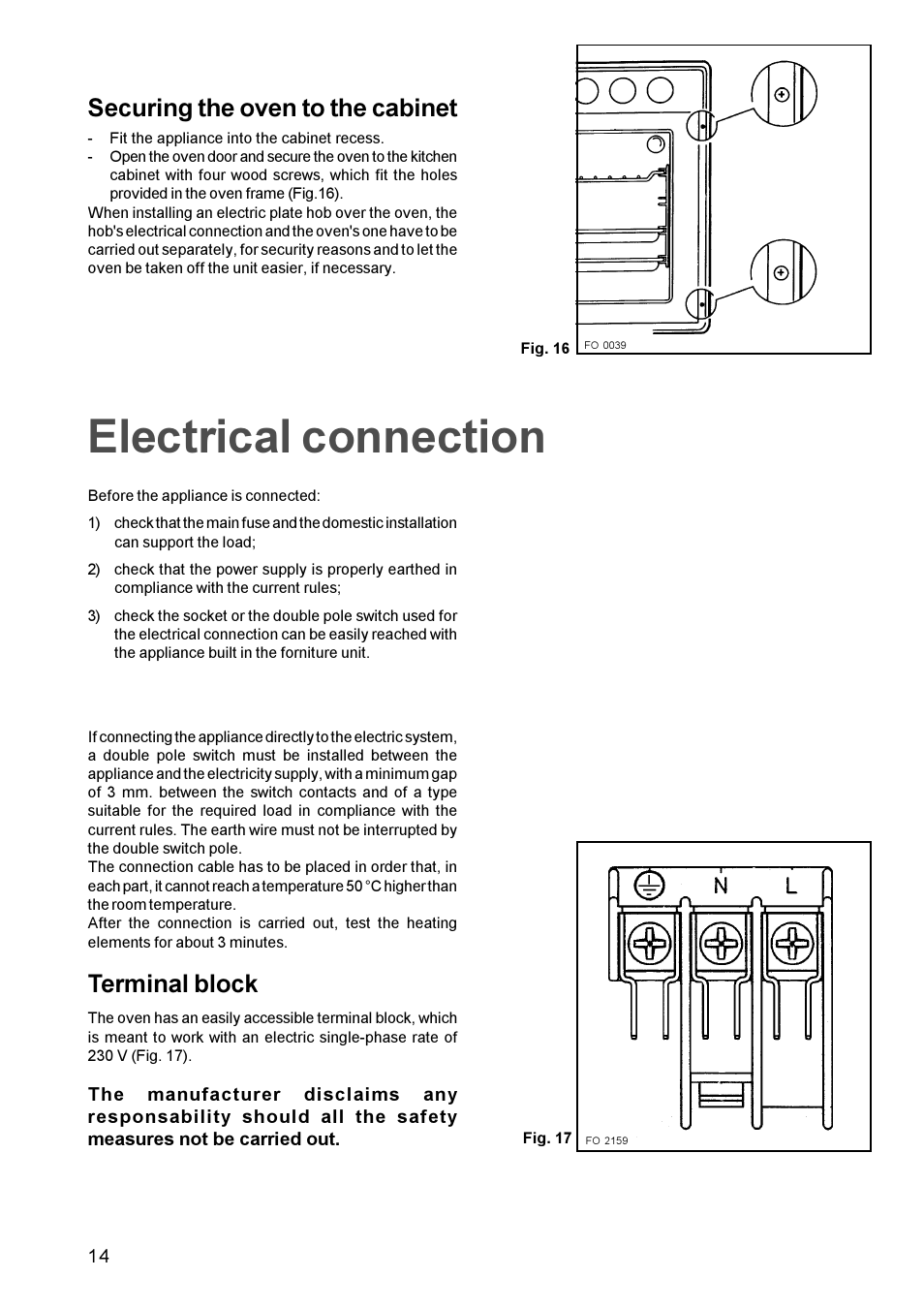 Electrical connection, Securing the oven to the cabinet, Terminal block | Zanussi Oven User Manual | Page 13 / 13