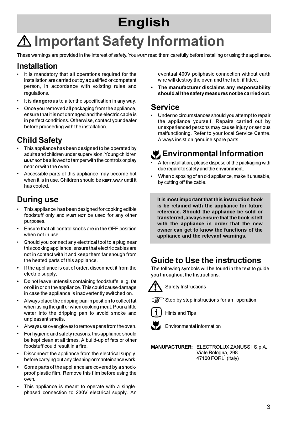 Important safety information, English, Installation | Child safety, During use, Service, Environmental information, Guide to use the instructions | Zanussi Oven User Manual | Page 2 / 13