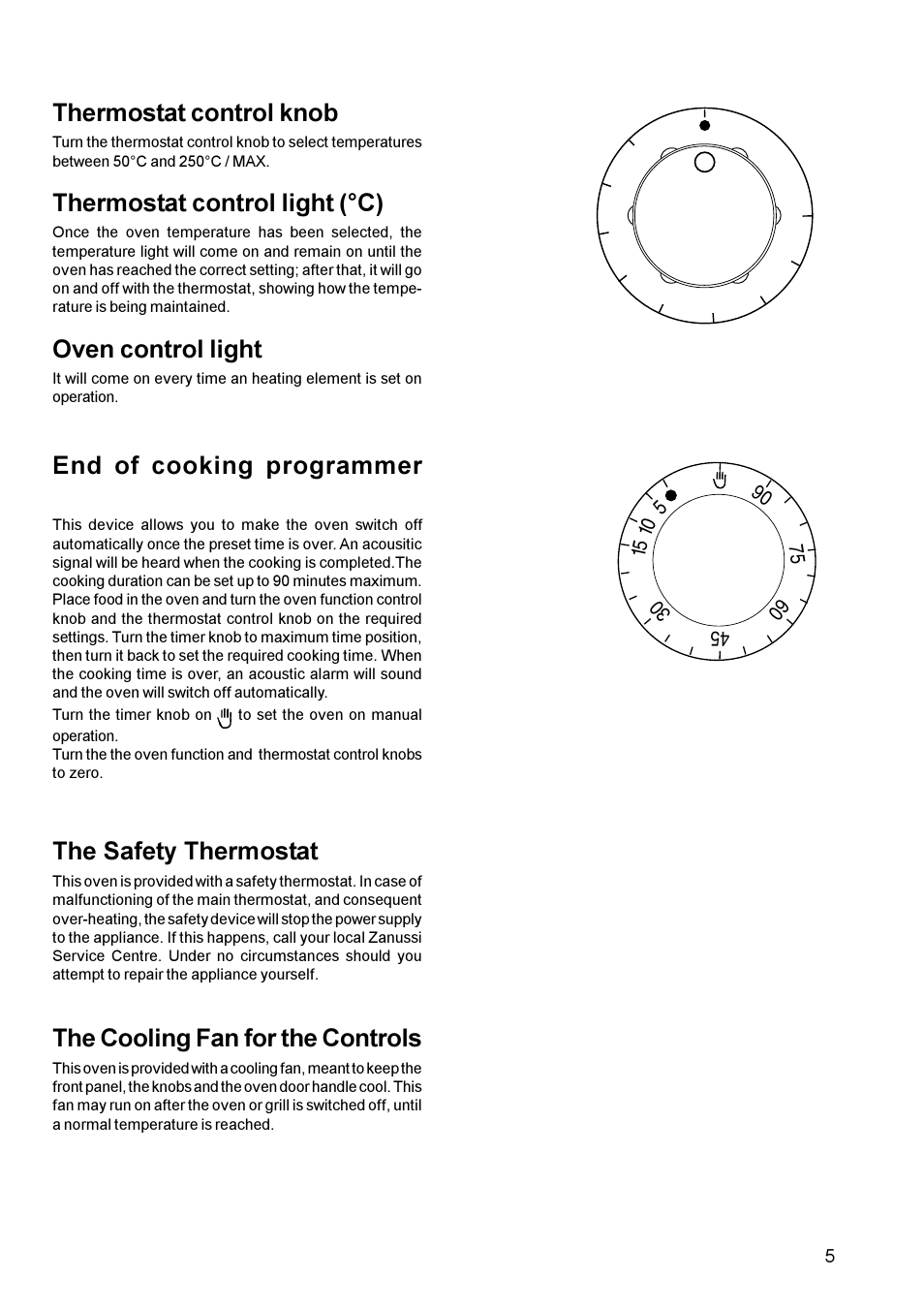 The safety thermostat, The cooling fan for the controls, Thermostat control knob | Thermostat control light (°c), Oven control light, End of cooking programmer | Zanussi Oven User Manual | Page 4 / 13