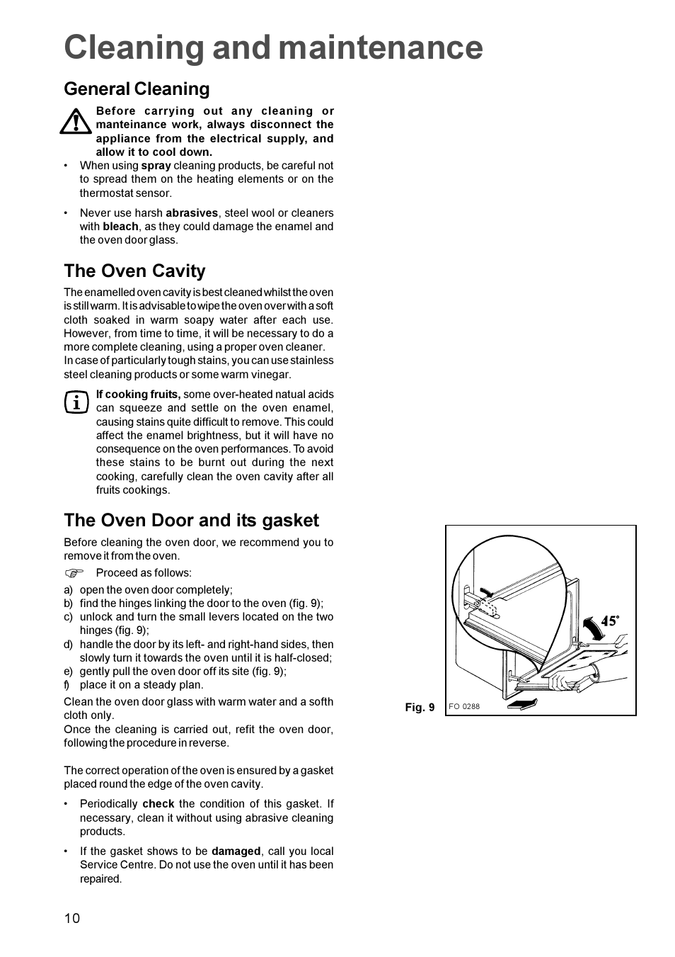 Cleaning and maintenance, General cleaning, The oven cavity | The oven door and its gasket | Zanussi Oven User Manual | Page 9 / 13