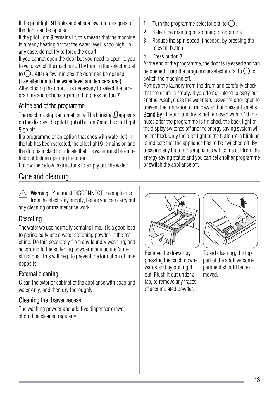 Care and cleaning | Zanussi ZWH 6105 User Manual | Page 13 / 24