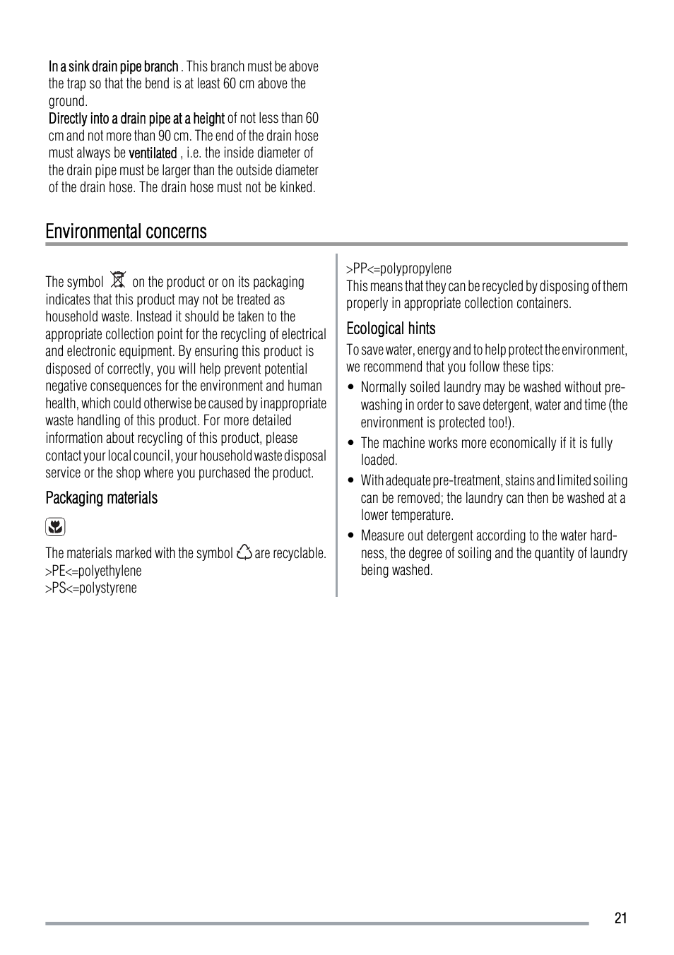 Environmental concerns | Zanussi ZWH 6105 User Manual | Page 21 / 24